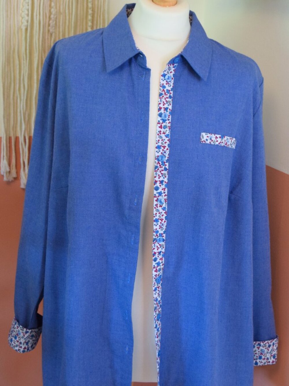 Paola Blue Floral Trim Button Down Shirt Cotton Blend Size 16